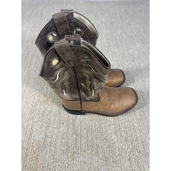Old West Kids Cowboy Boots VB9113 Brown Tan Square Toe Western Riding Size 020 - Picture 4 of 6